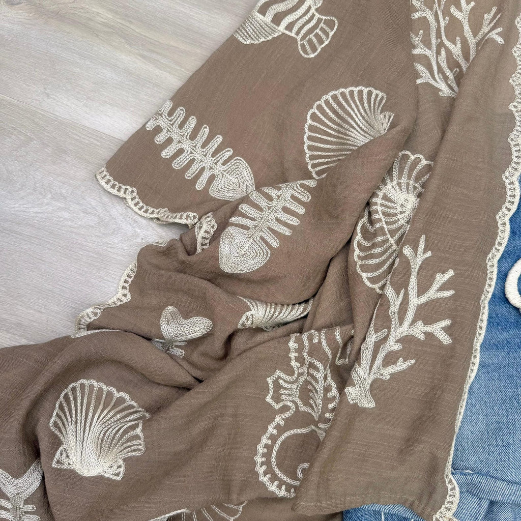 Boho Seashell Kimono Beach Cover Up – Embroidered Summer Cardigan, Resort Wear, Tropical Vacation Outfit