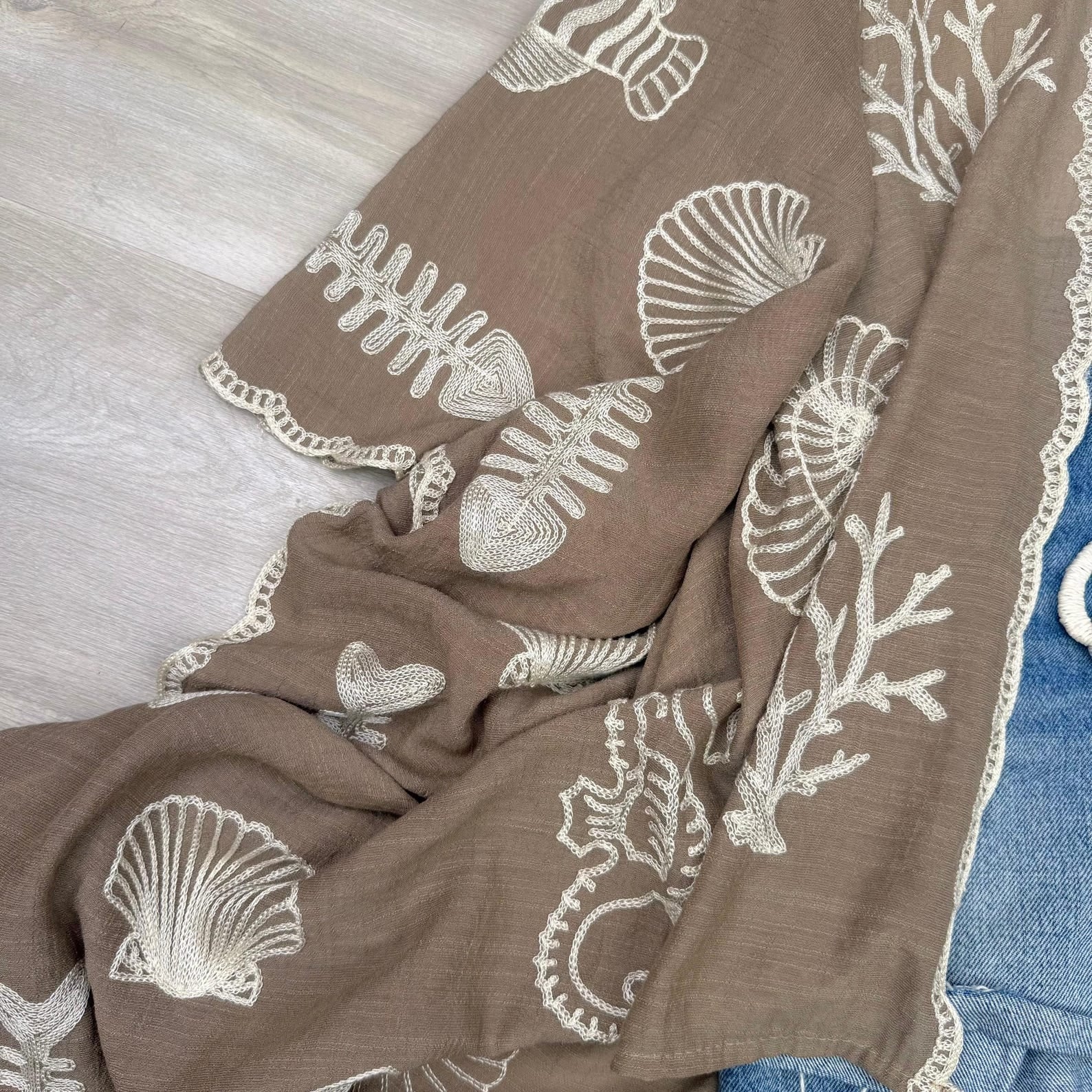 Boho Seashell Kimono Beach Cover Up – Embroidered Summer Cardigan, Resort Wear, Tropical Vacation Outfit