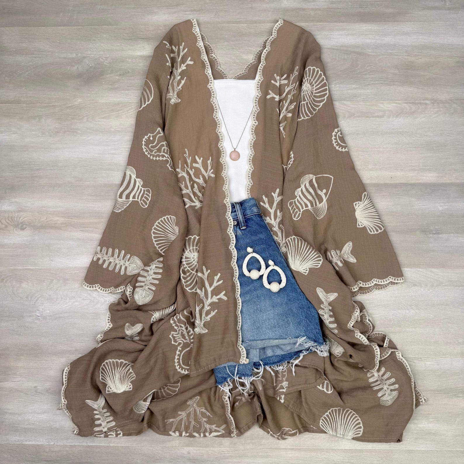Boho Seashell Kimono Beach Cover Up – Embroidered Summer Cardigan, Resort Wear, Tropical Vacation Outfit