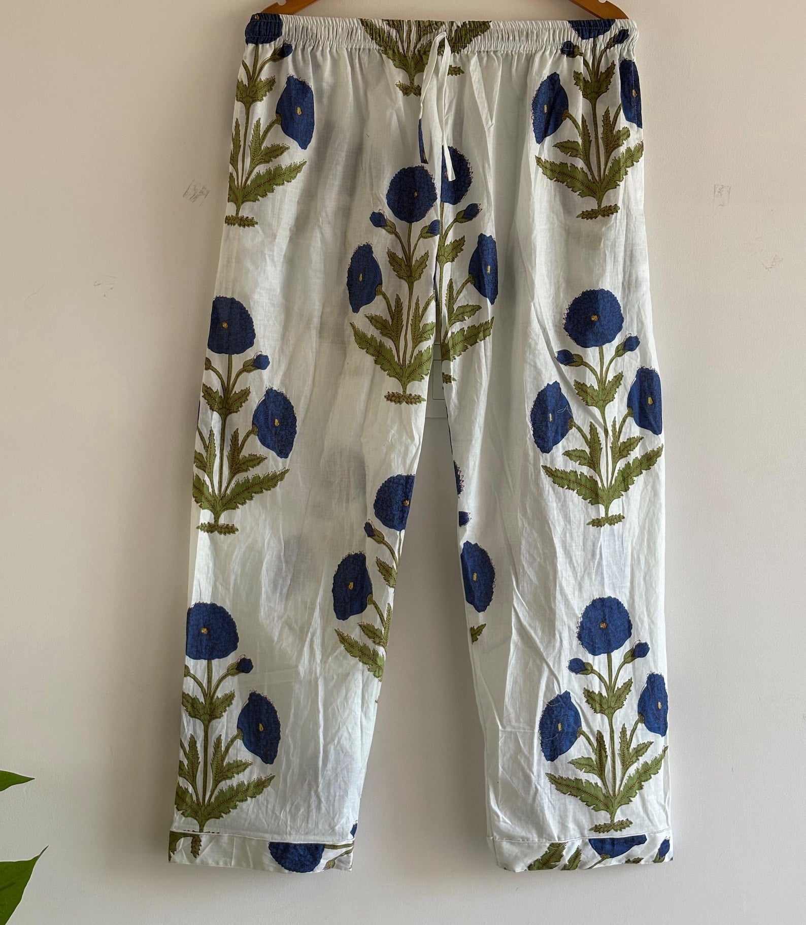 Blue Floral Cotton Pajama Set, Hand Block Print Lounge Wear