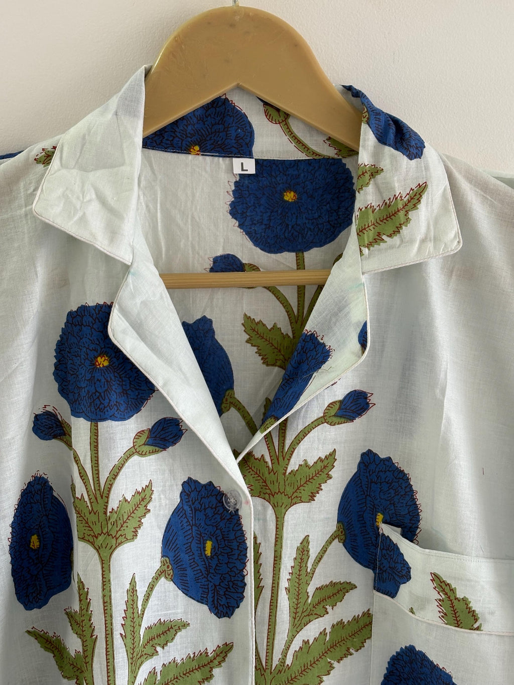 Blue Floral Cotton Pajama Set, Hand Block Print Lounge Wear