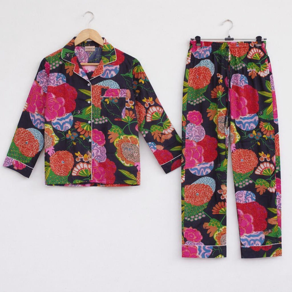 Hand Block Print Cotton Pajama Set: Indian Floral Nightwear