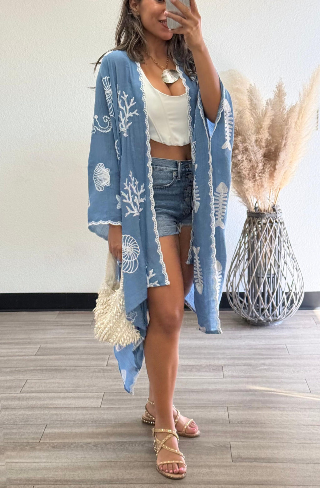 Boho Seashell Kimono Beach Cover Up – Embroidered Summer Cardigan, Resort Wear, Tropical Vacation Outfit