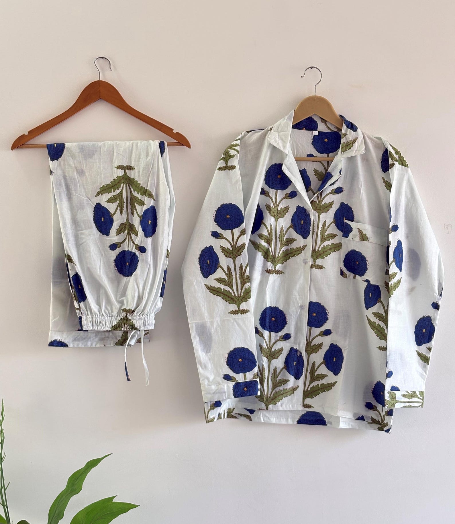 Blue Floral Cotton Pajama Set, Hand Block Print Lounge Wear