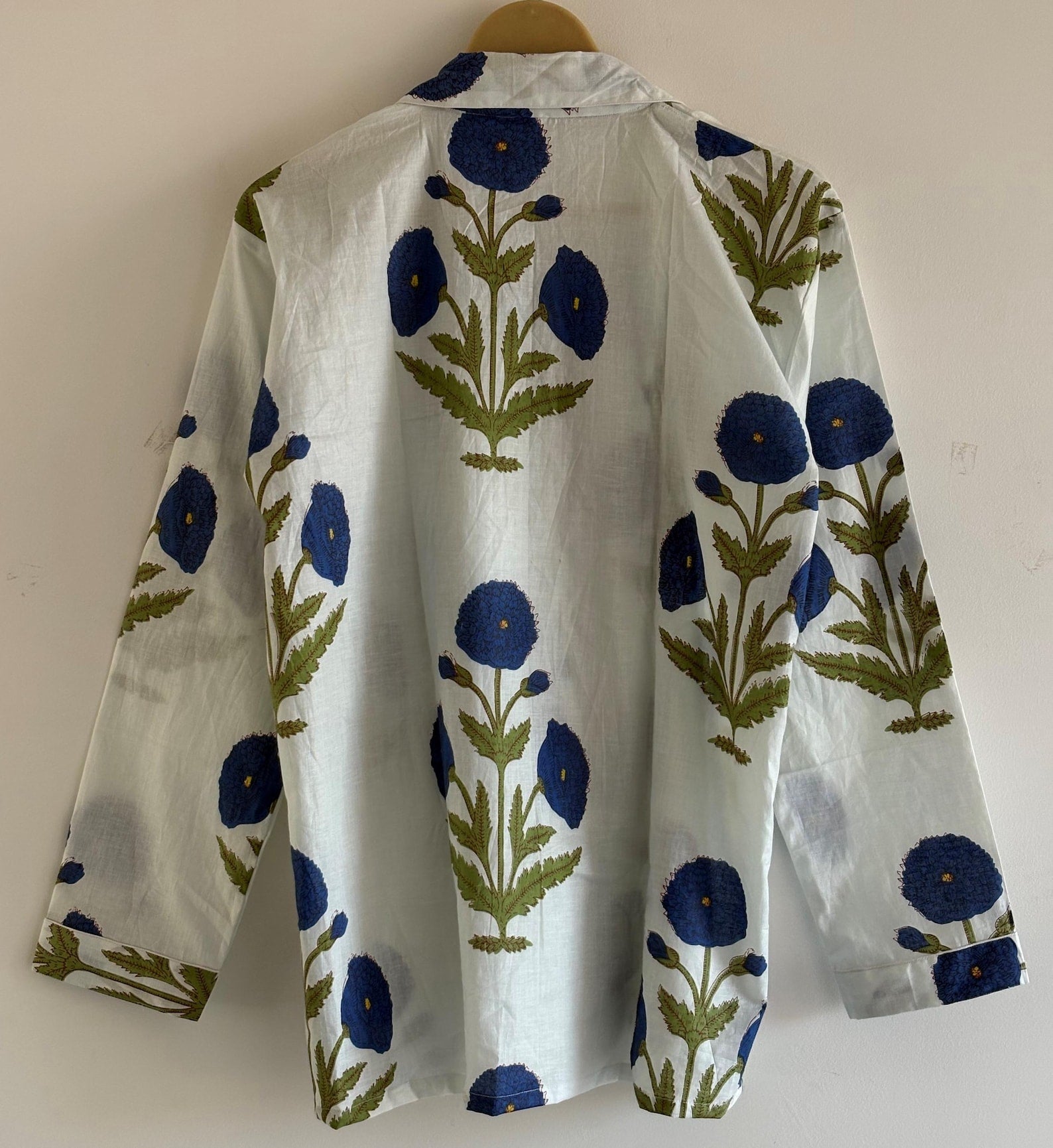 Blue Floral Cotton Pajama Set, Hand Block Print Lounge Wear