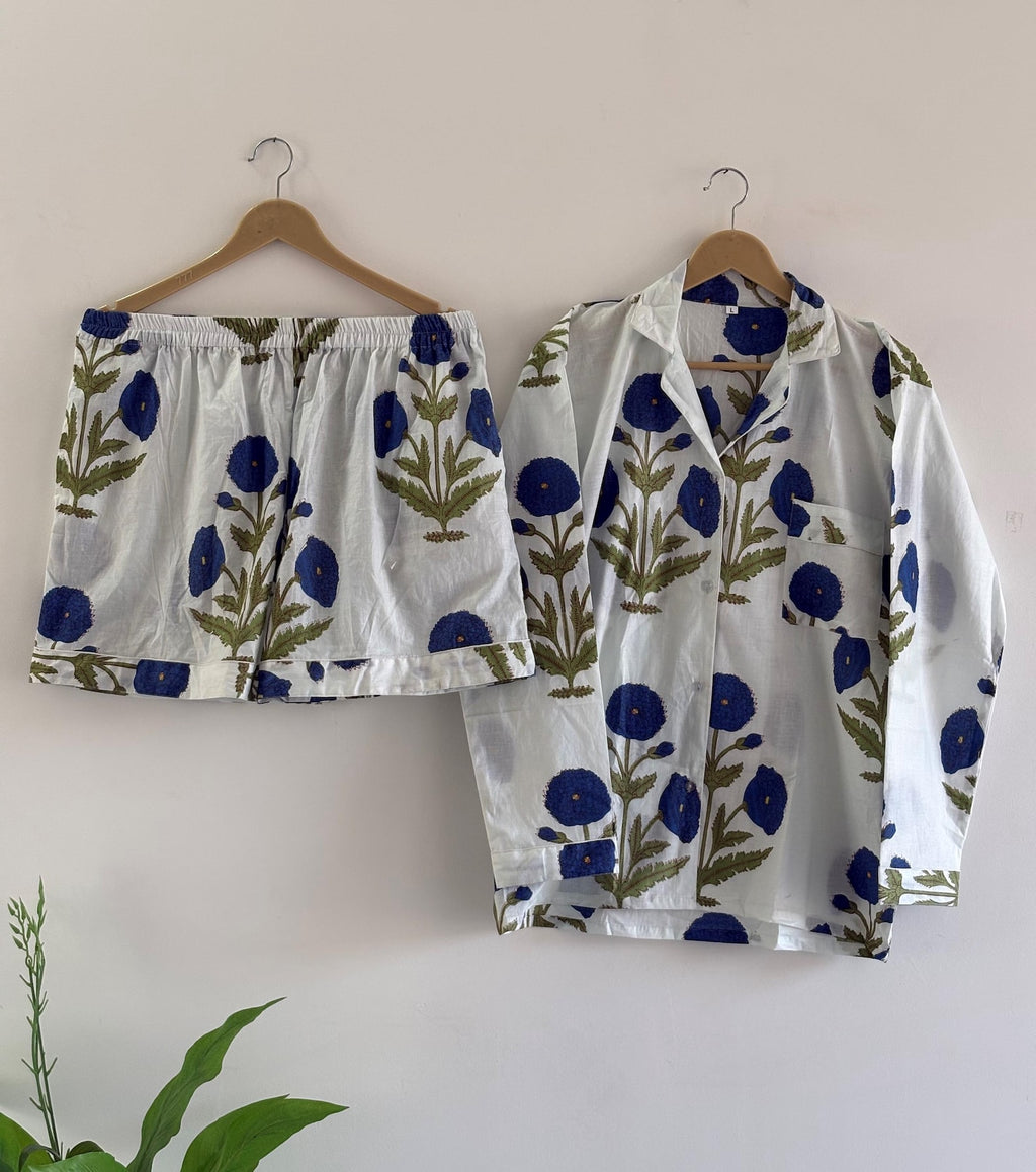 Blue Floral Cotton Pajama Set, Hand Block Print Lounge Wear