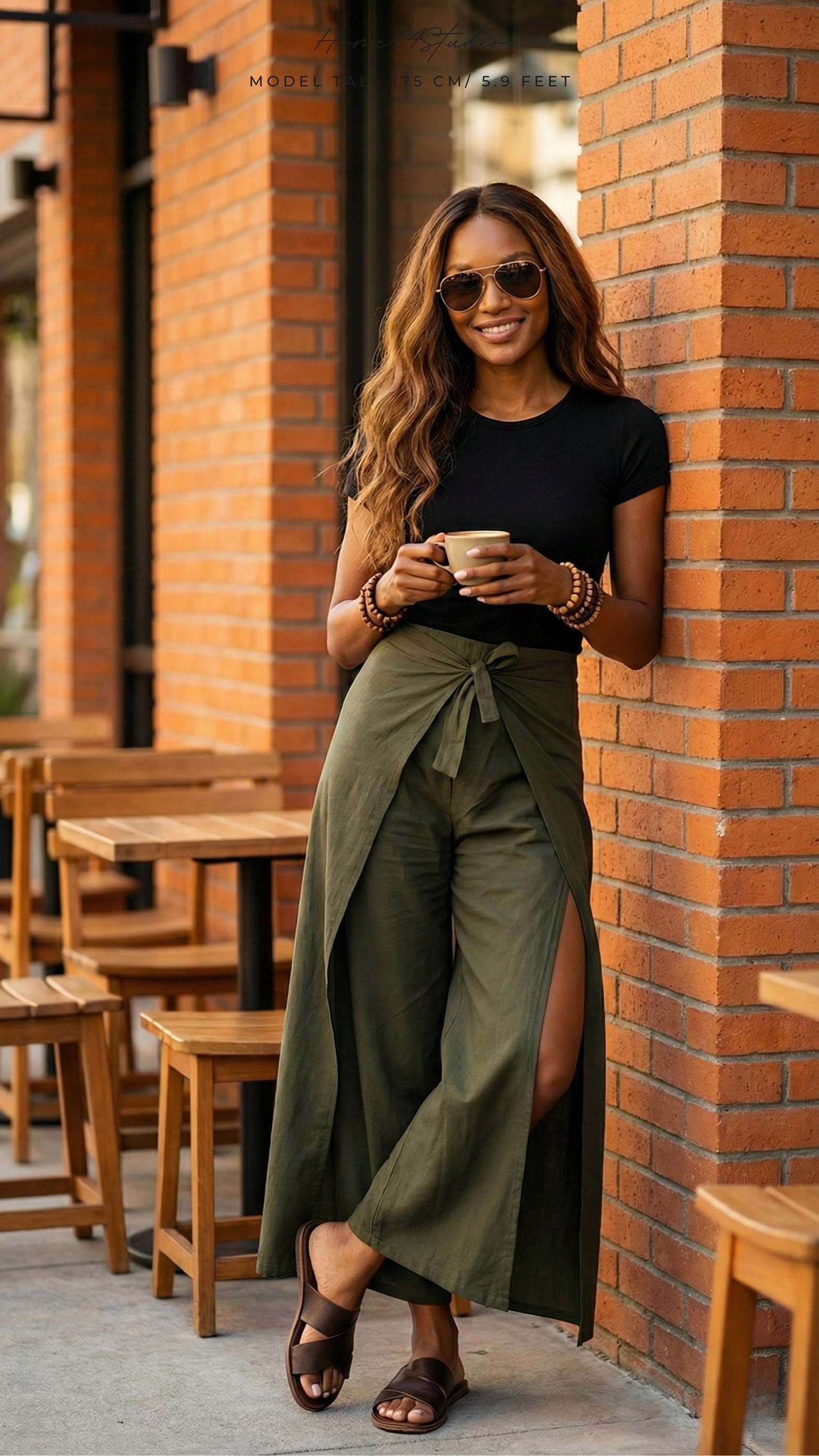 Plain Army Green Palazzo Pants: Breathable Boho Fit for Holidays