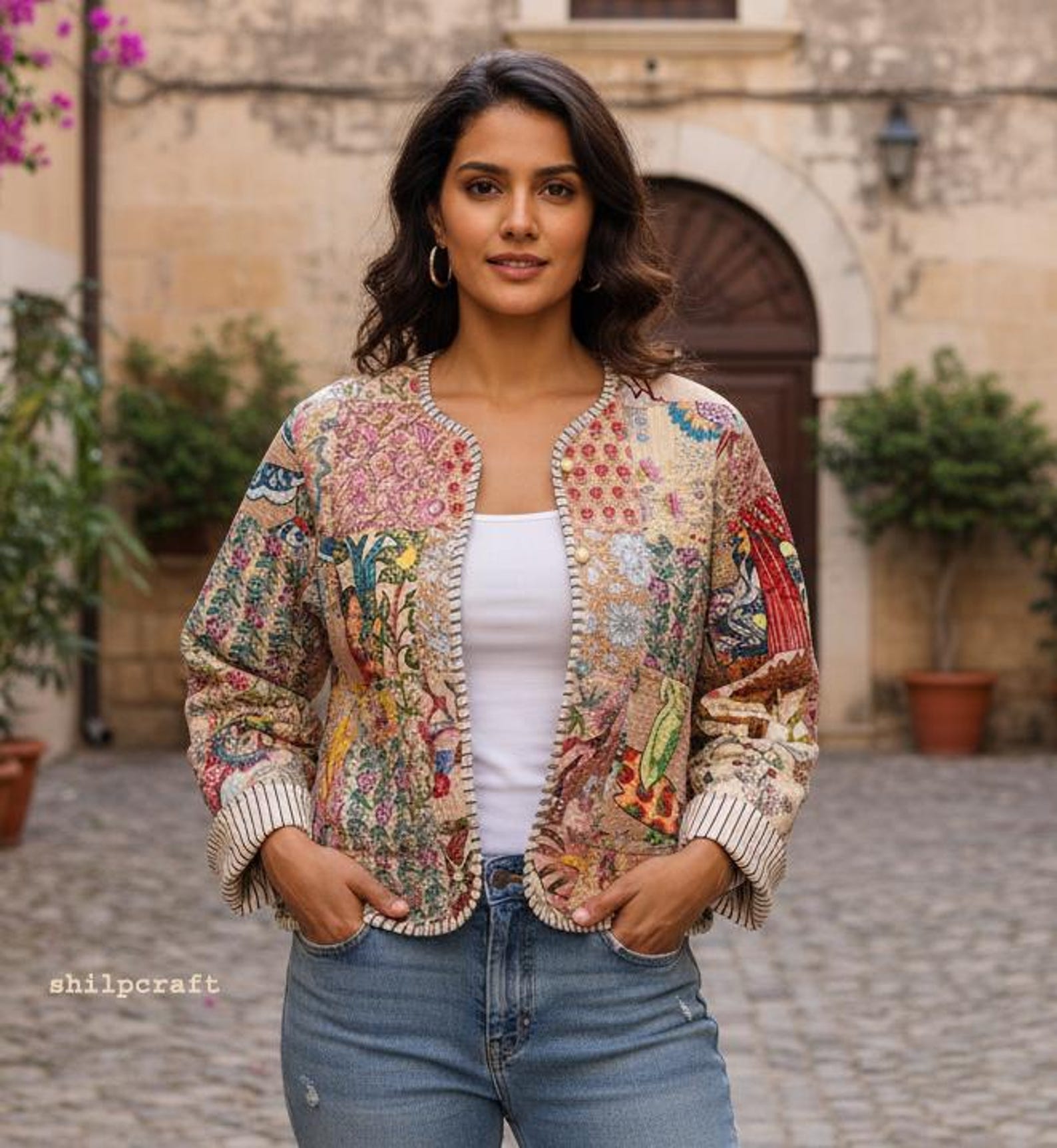 Floral Quilted Jackets Cotton green Bohemian Style Fall Winter Jacket Coat vintage Boho wedding Reversible kantha Jacket for Women patchwork