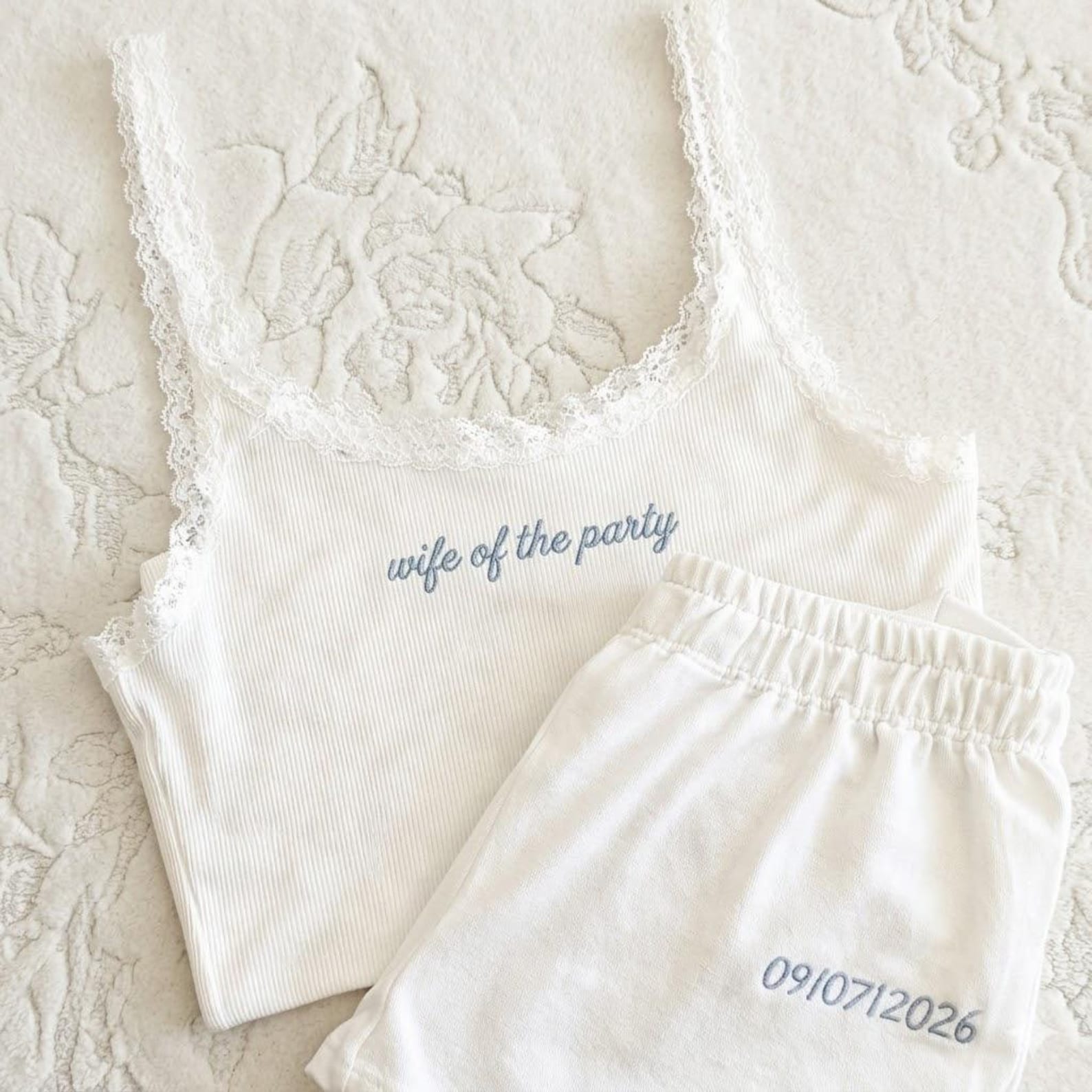 Custom Embroidered Lace Bride Crop Tank Top and Wide Leg Sweatpants Set, Custom Bachelorette Party Outfit, Bridal Lounge Set