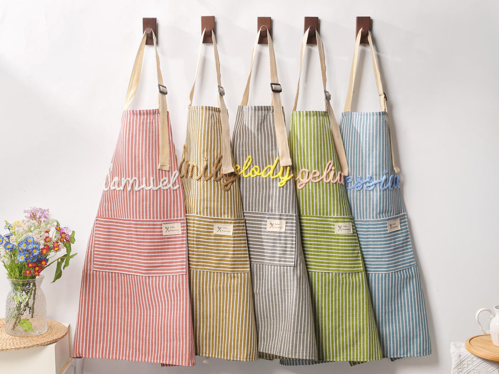 Custom Striped Cooking Apron with Pocket,Name Kitchen Apron,Gift for Cooking