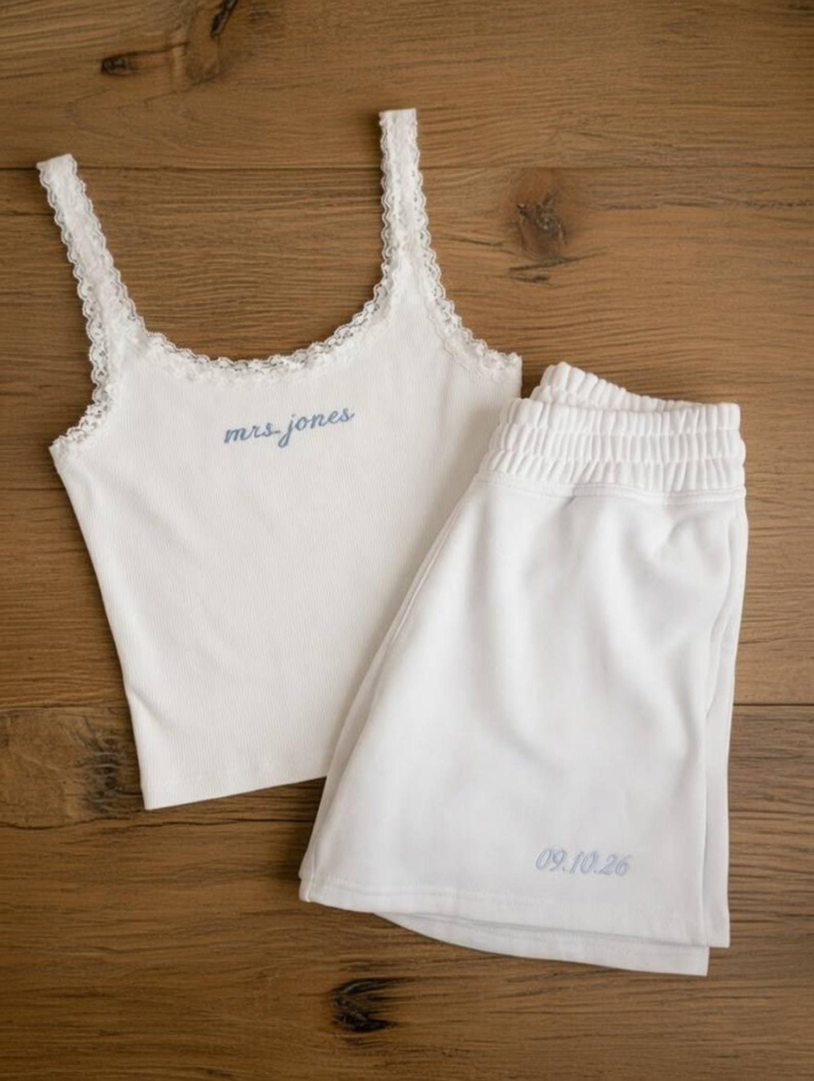 Custom Embroidered Lace Bride Crop Tank Top and Wide Leg Sweatpants Set, Custom Bachelorette Party Outfit, Bridal Lounge Set