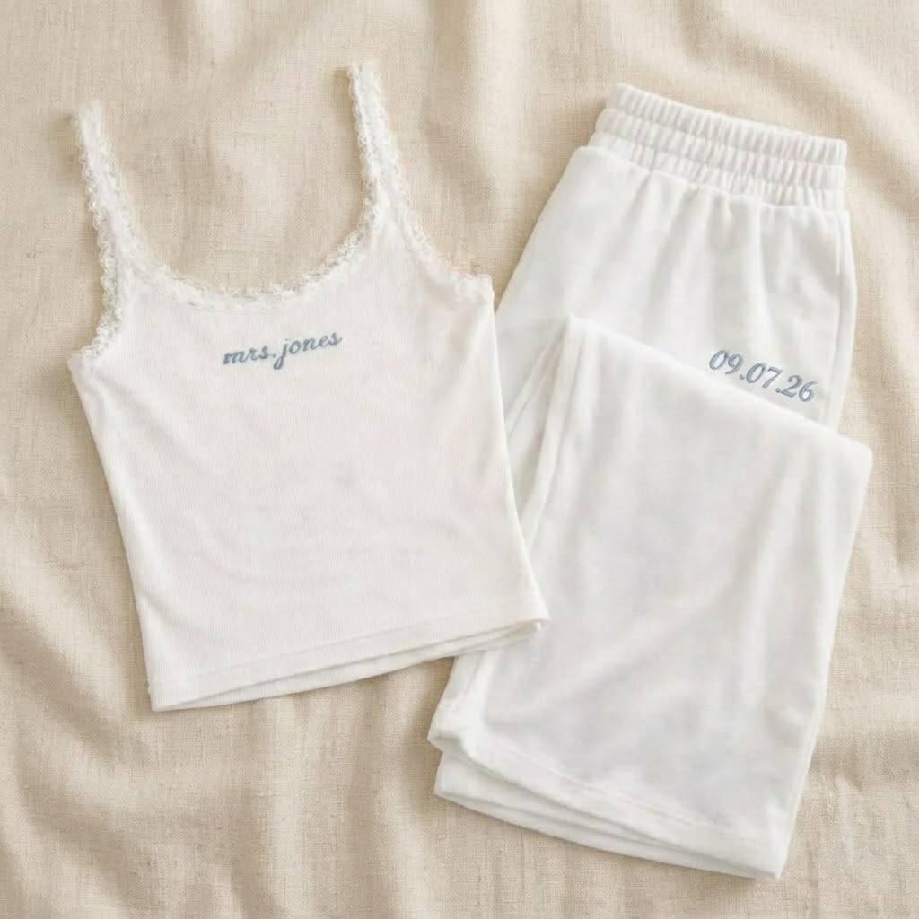 Custom Embroidered Lace Bride Crop Tank Top and Wide Leg Sweatpants Set, Custom Bachelorette Party Outfit, Bridal Lounge Set