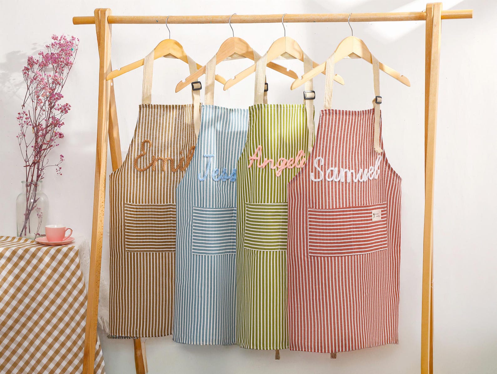 Custom Striped Cooking Apron with Pocket,Name Kitchen Apron,Gift for Cooking