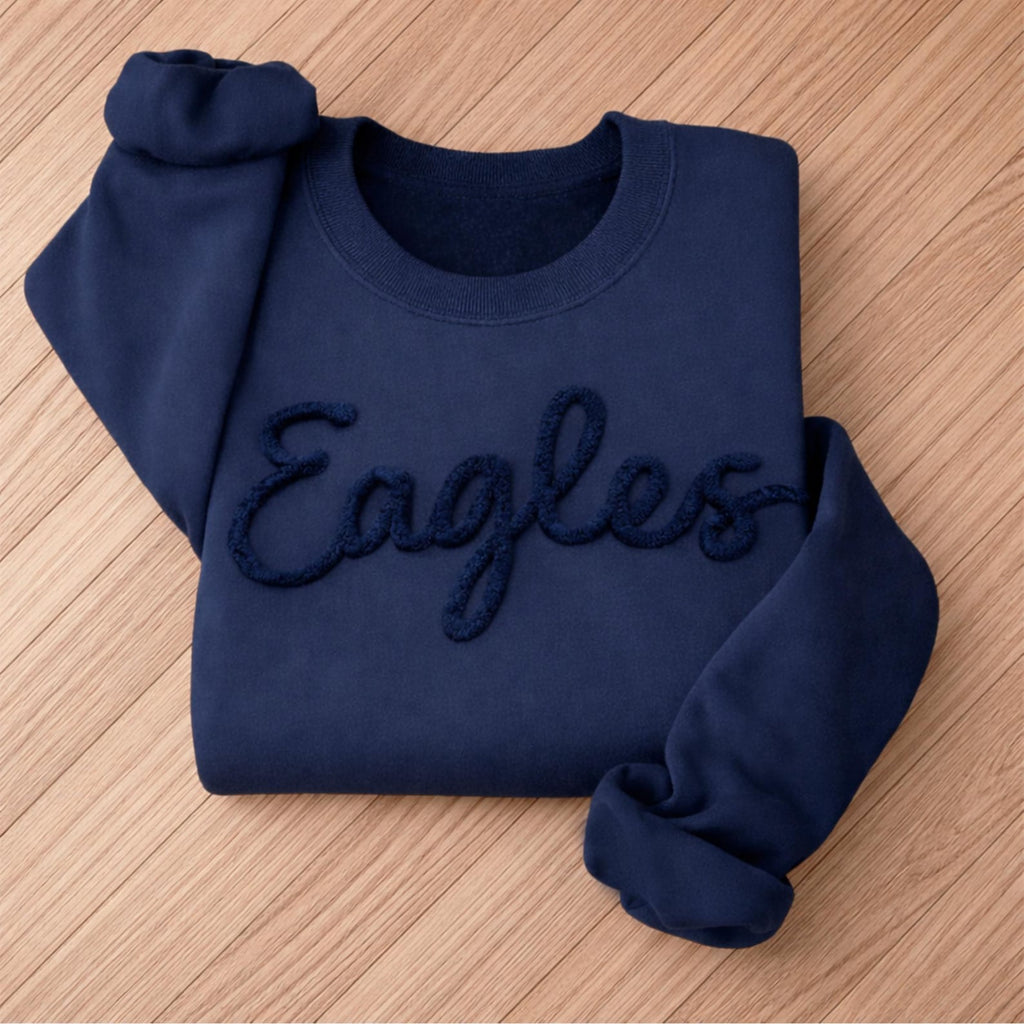 Custom Chenille Lettering Team Name Sweatshirt, Embossed Mascot Sweatshirt, Custom School Sweatshirt, Gift Idea, 3D Chenille Embroidery