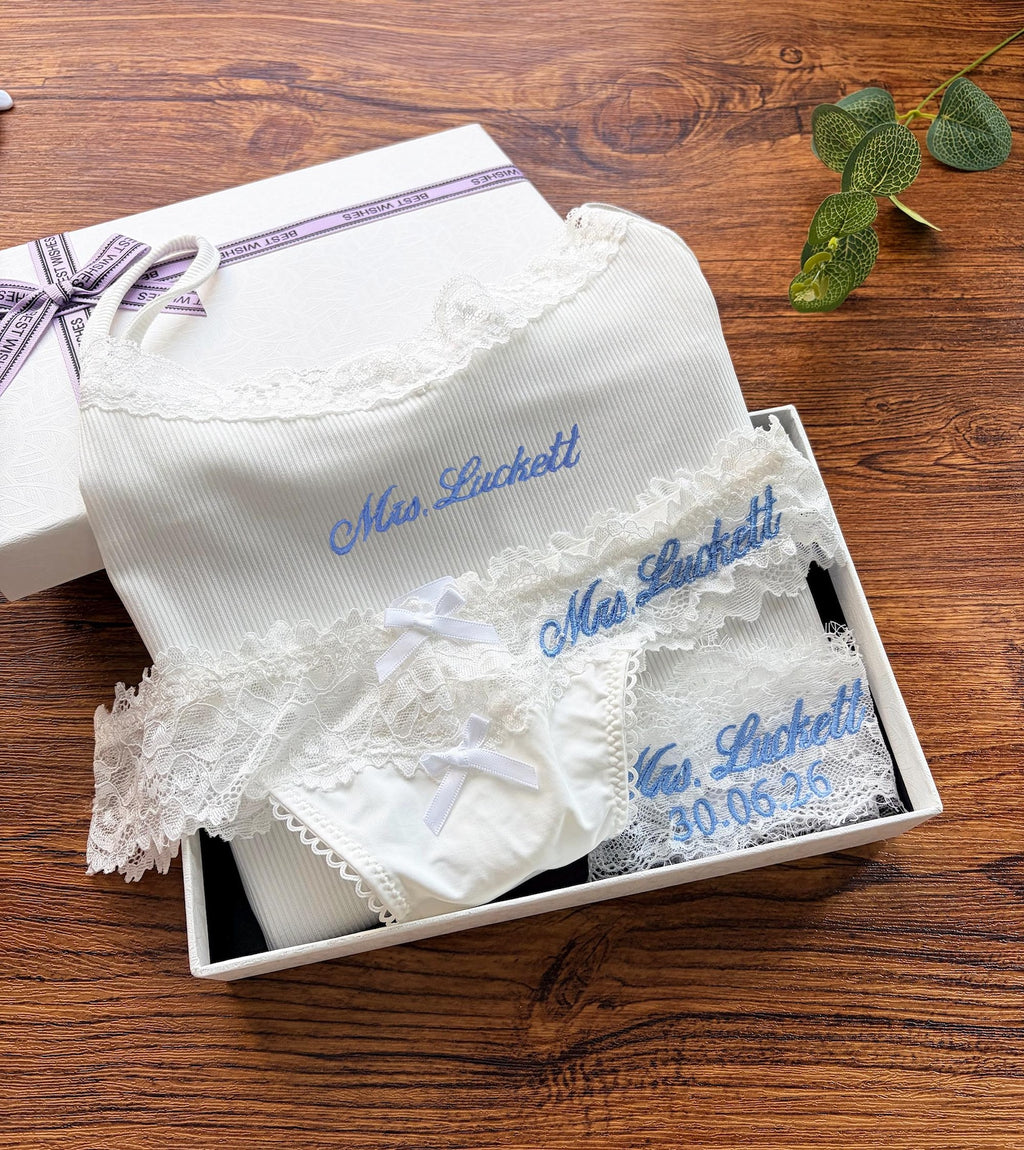 Personalized Bride Lingerie Set Bridal Shower Gift Box Pajamas set with Embroidere Custom Underwear Set SXQ1604