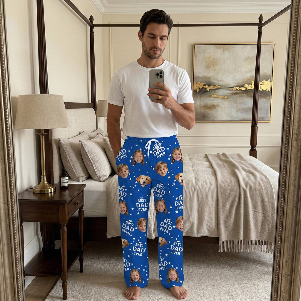 BEST DAD EVER Pajama Pants with Faces, Father's Day Gifts for Dad,Women Pajama Pants, Personalized Pajamas with Face,Custom Face Pajamas