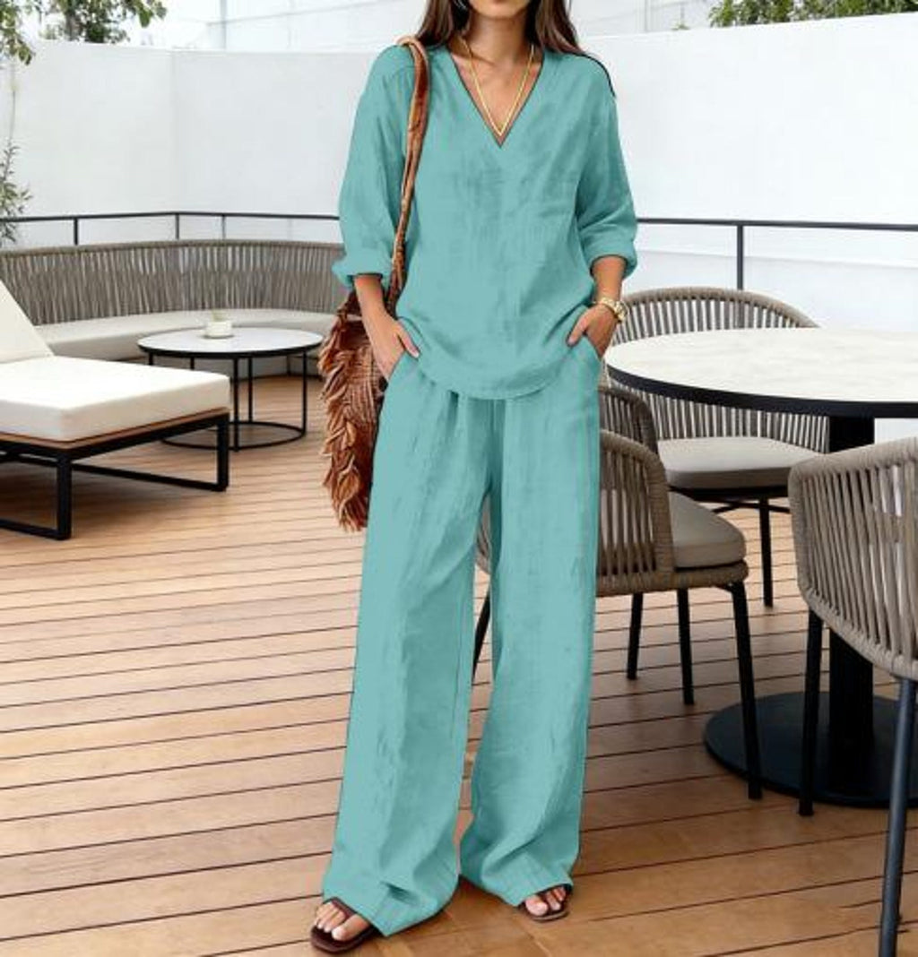 Cotton Two Piece Set Women Loose Top Wide Leg Pants Minimalist Outfit