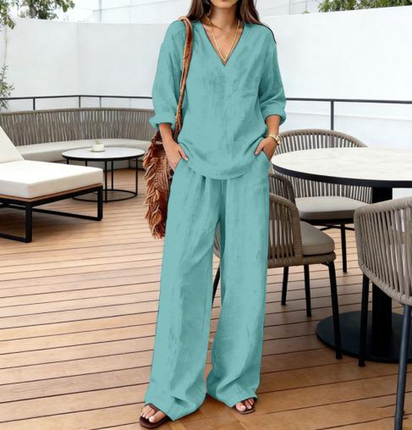 Cotton Two Piece Set Women Loose Top Wide Leg Pants Minimalist Outfit