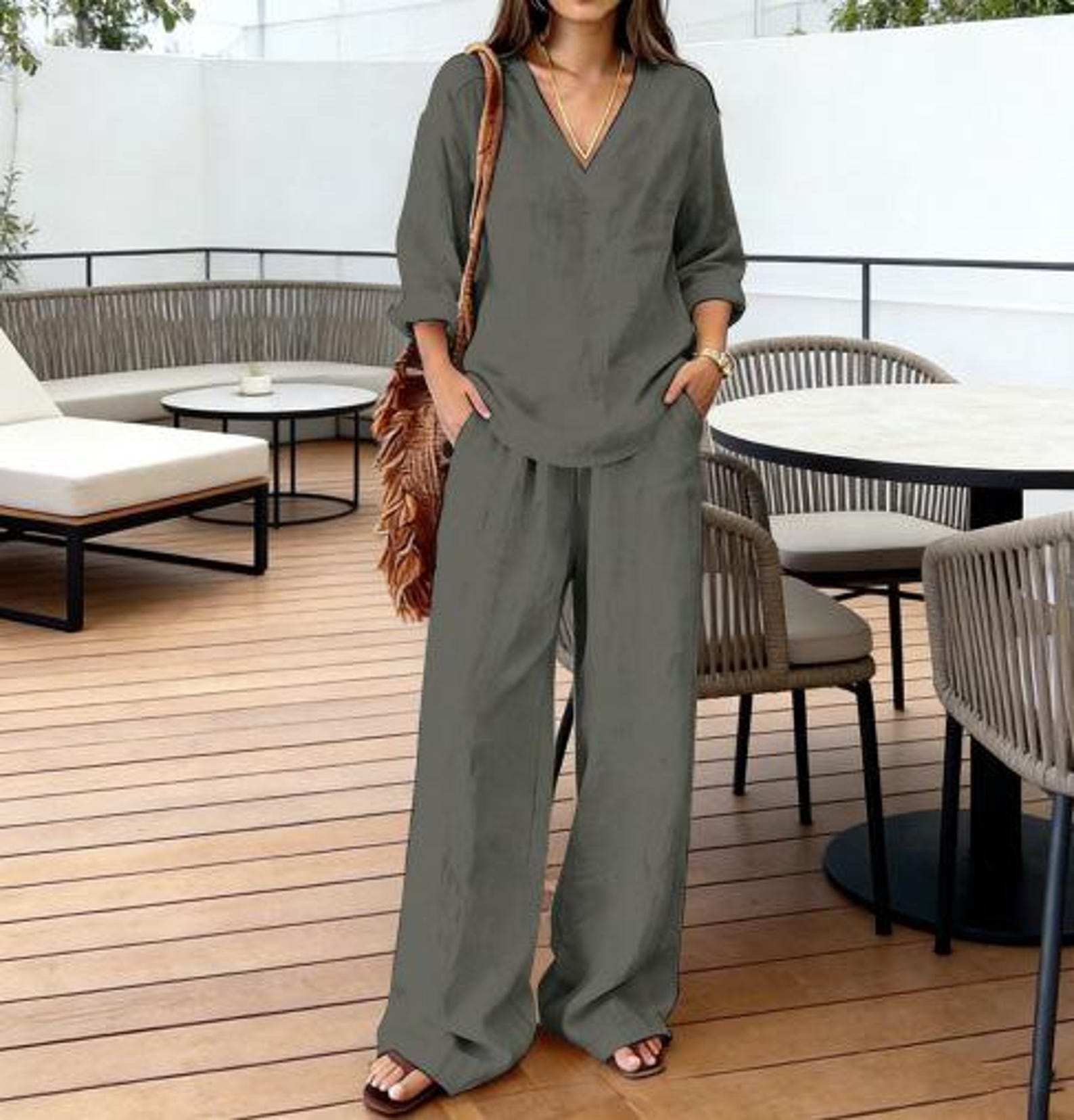 Cotton Two Piece Set Women Loose Top Wide Leg Pants Minimalist Outfit