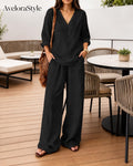 Cotton Two Piece Set Women Loose Top Wide Leg Pants Minimalist Outfit