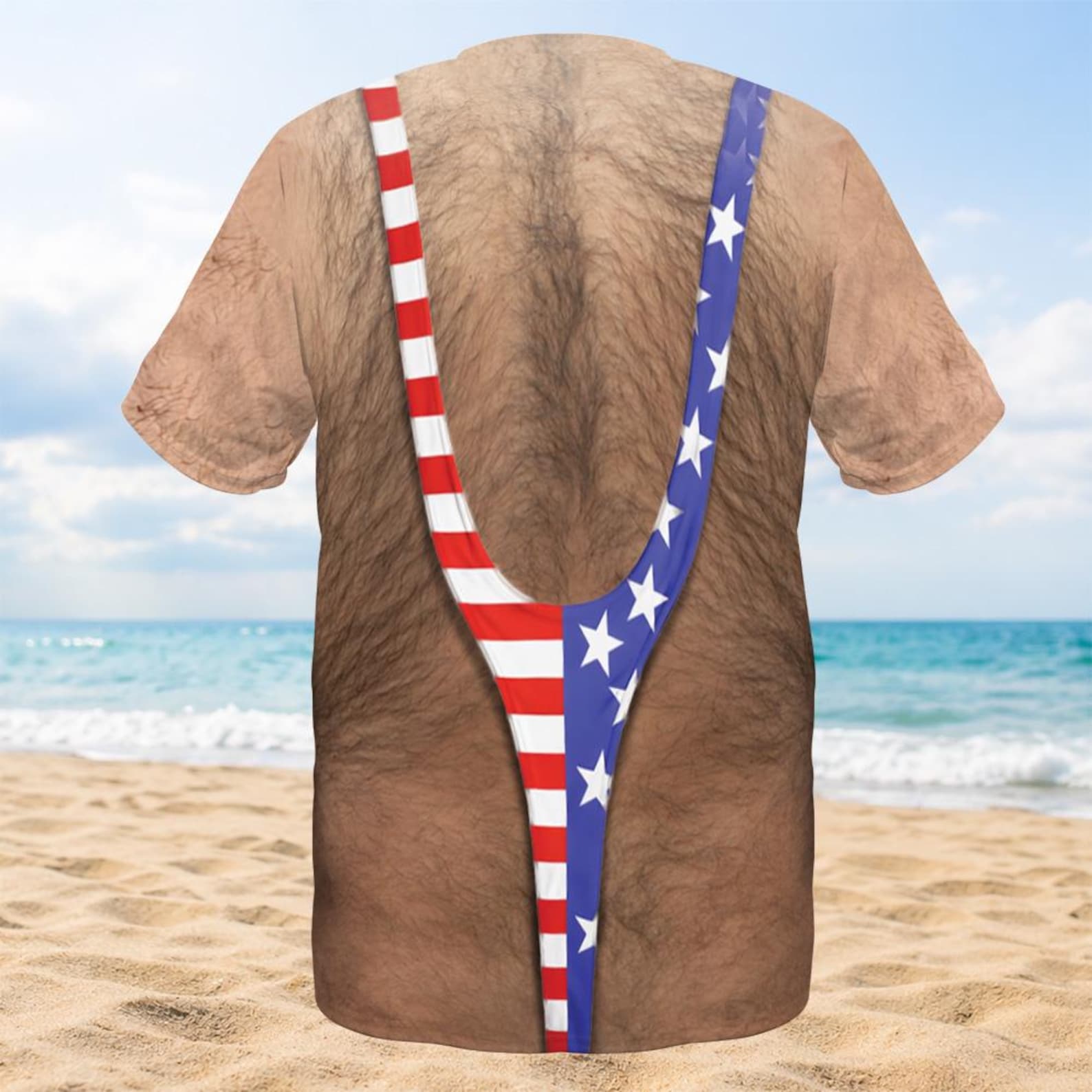 3D Hairy Body Swimsuit T-Shirt for Men, Funny Patriotic Mankini Tee,  USA Flag Costume Shirt, 4th of July Gag Gift for Men