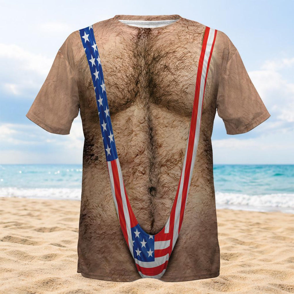 3D Hairy Body Swimsuit T-Shirt for Men, Funny Patriotic Mankini Tee,  USA Flag Costume Shirt, 4th of July Gag Gift for Men