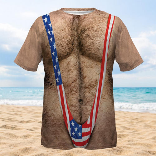 3D Hairy Body Swimsuit T-Shirt for Men, Funny Patriotic Mankini Tee,  USA Flag Costume Shirt, 4th of July Gag Gift for Men