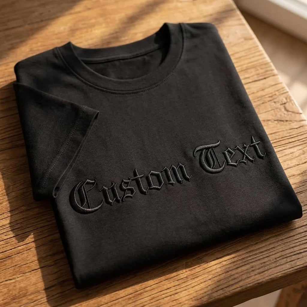 Custom Old English Embroidered T-shirt, Personalized Gothic Text Tee, Black on Black Streetwear Top, Edgy Custom Slogan Shirt