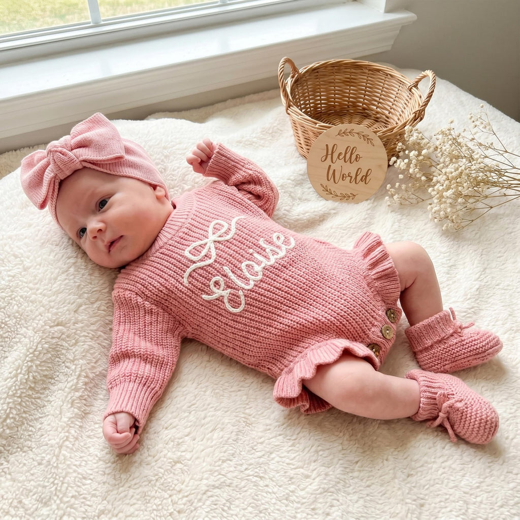 Hand Embroidered Name Baby Romper Set,Personalized Outfit, Baby Girl Romper, Coming Home, Embroidered Newborn Gift