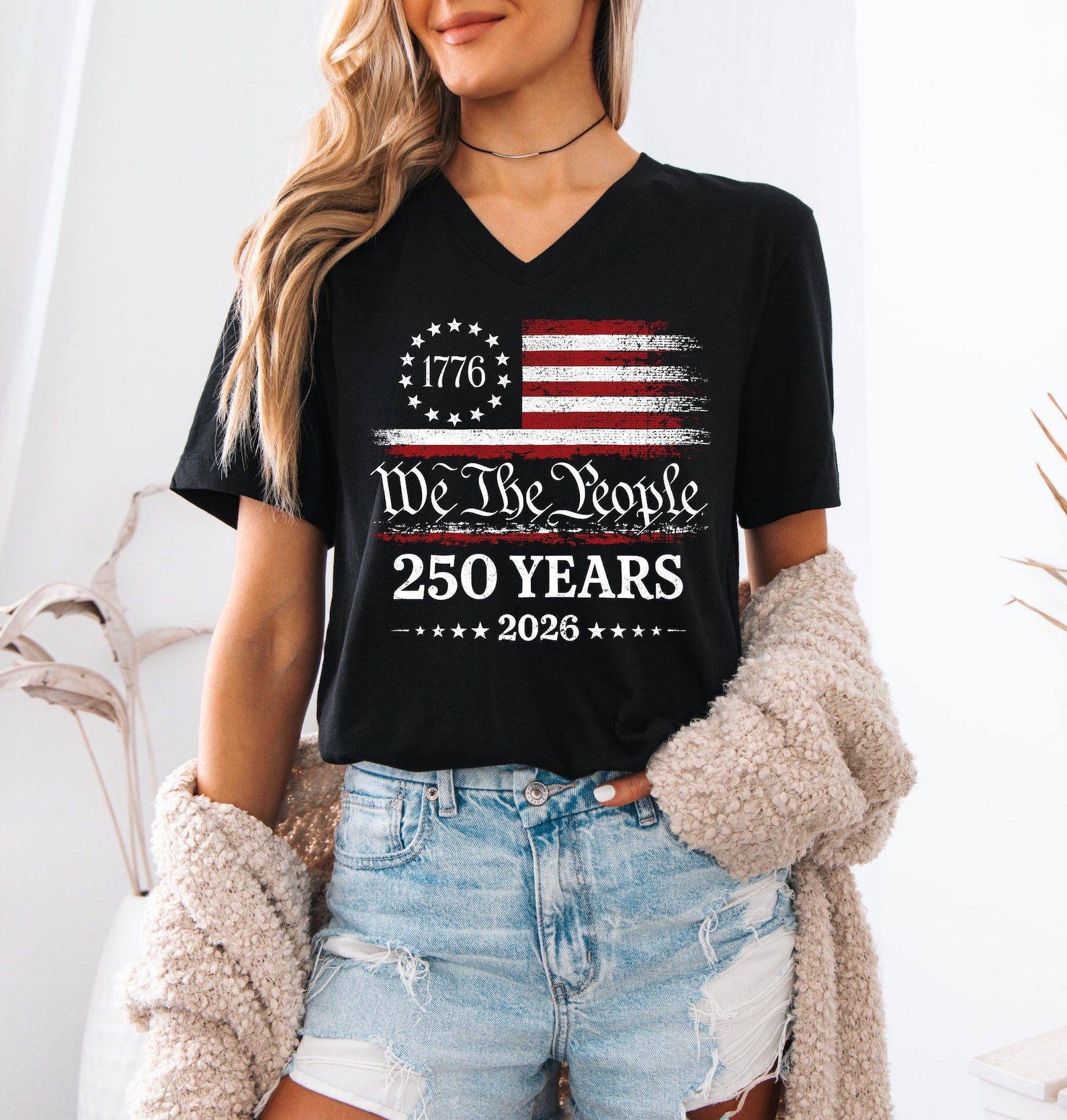 250th America Anniversary Shirt, US 250 Years T-shirt, Patriotic Tee with USA Flag, We The People Shirt, Retro Independence Day Women V-neck