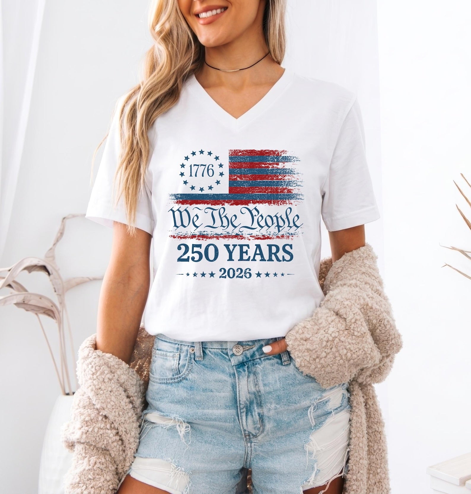 250th America Anniversary Shirt, US 250 Years T-shirt, Patriotic Tee with USA Flag, We The People Shirt, Retro Independence Day Women V-neck