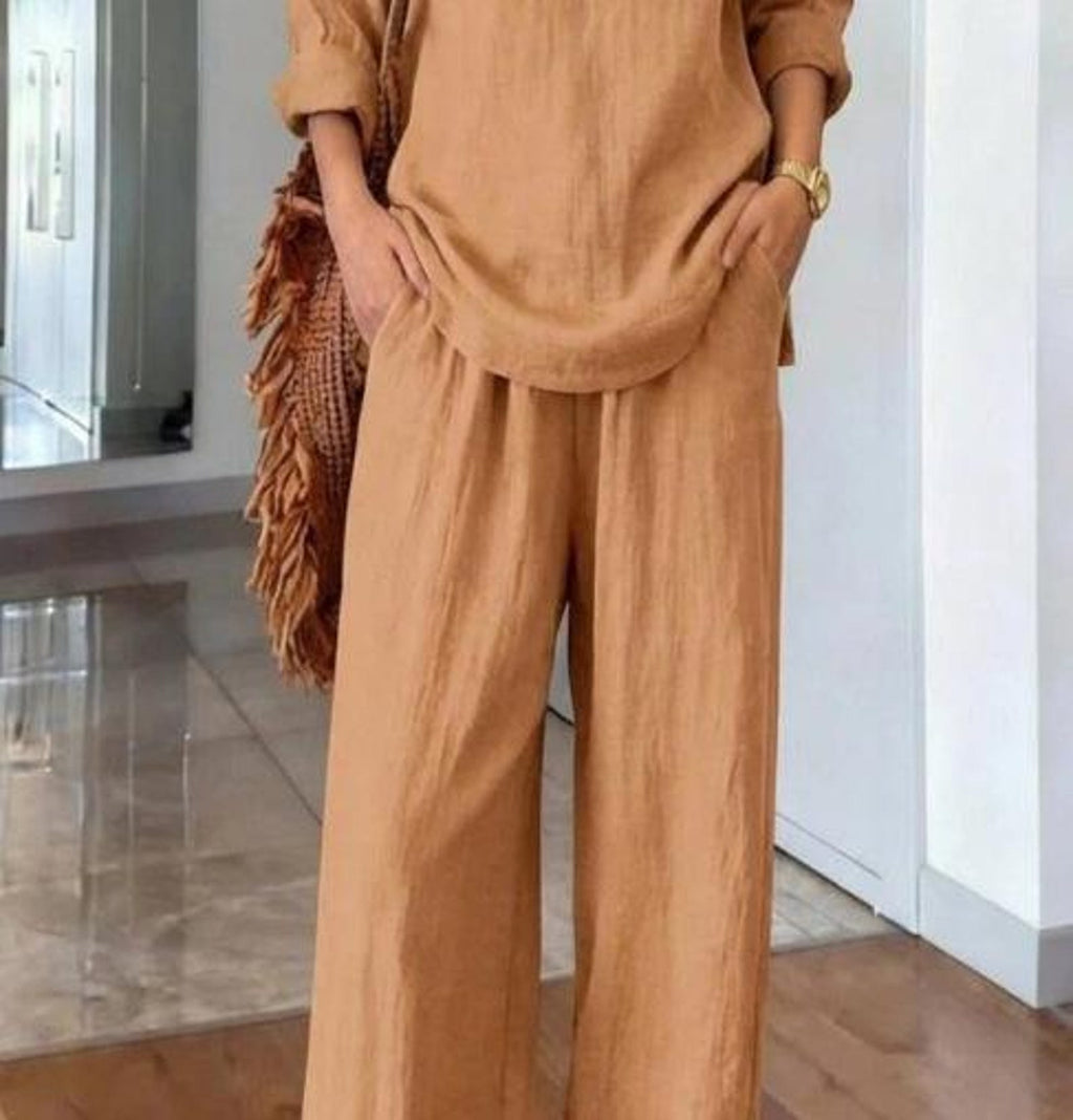 Cotton Two Piece Set Women Loose Top Wide Leg Pants Minimalist Outfit