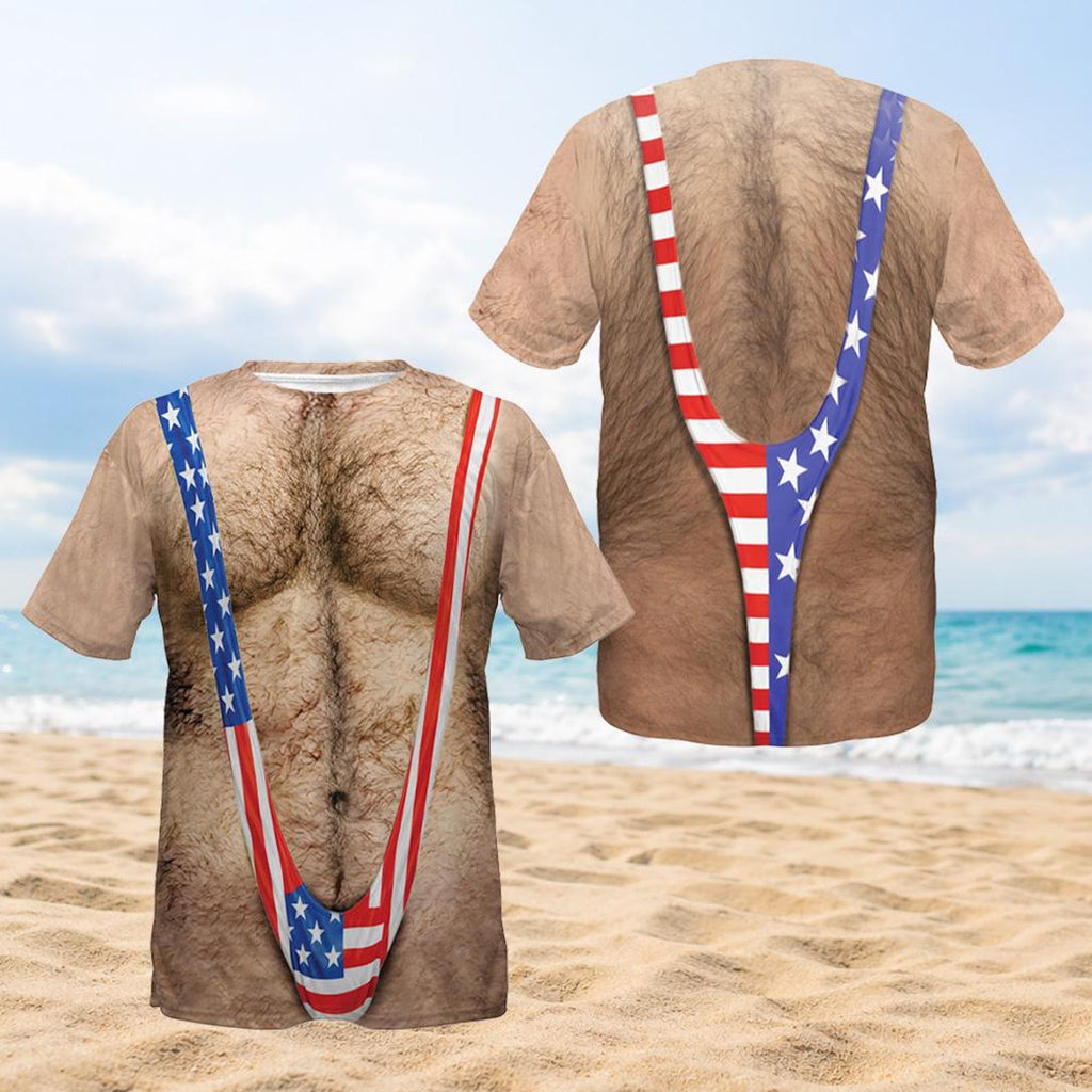 3D Hairy Body Swimsuit T-Shirt for Men, Funny Patriotic Mankini Tee,  USA Flag Costume Shirt, 4th of July Gag Gift for Men