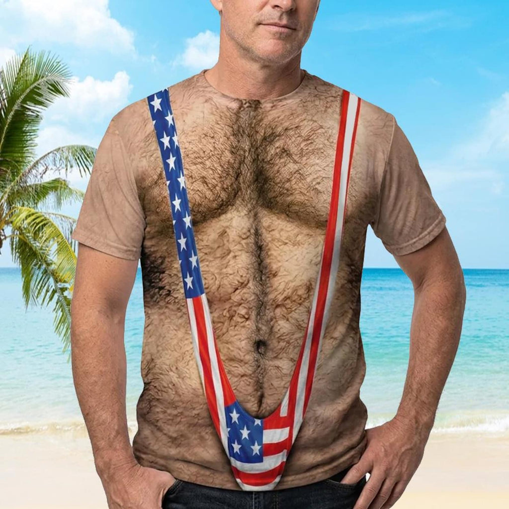 3D Hairy Body Swimsuit T-Shirt for Men, Funny Patriotic Mankini Tee,  USA Flag Costume Shirt, 4th of July Gag Gift for Men