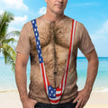 3D Hairy Body Swimsuit T-Shirt for Men, Funny Patriotic Mankini Tee,  USA Flag Costume Shirt, 4th of July Gag Gift for Men