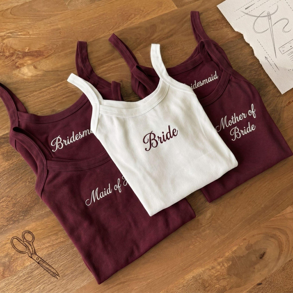 Custom Embroidered Bride Tank Top, Personalized Embroidery Bridesmaid or Maid of Honor Crop Tank Top, Bride To Be, Bridal Shower Gift, TNK12