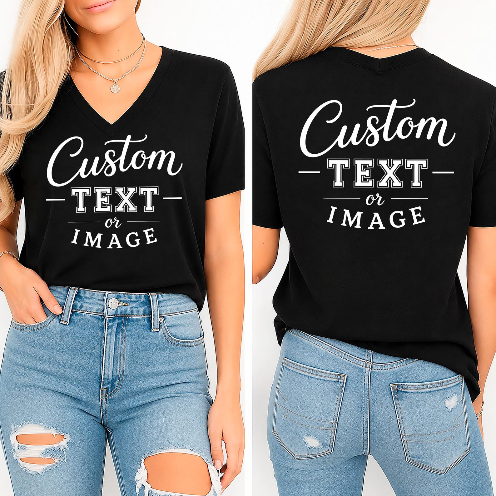 Front And Back Custom Text Vneck Shirt,Custom V-neck Tshirt,Inspired Tee,Custom Text,Front and Back Personalized V-neck Tee, Custom Logo Tee