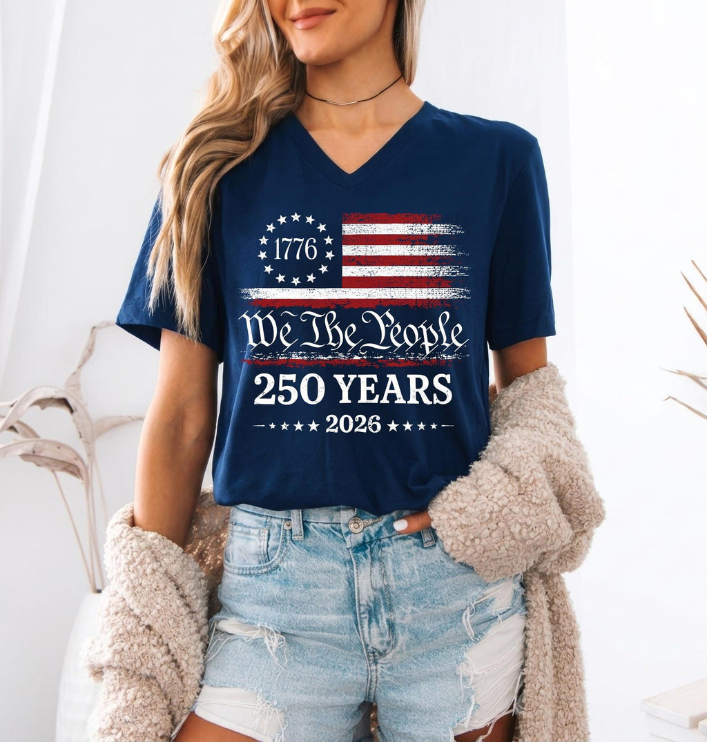 250th America Anniversary Shirt, US 250 Years T-shirt, Patriotic Tee with USA Flag, We The People Shirt, Retro Independence Day Women V-neck
