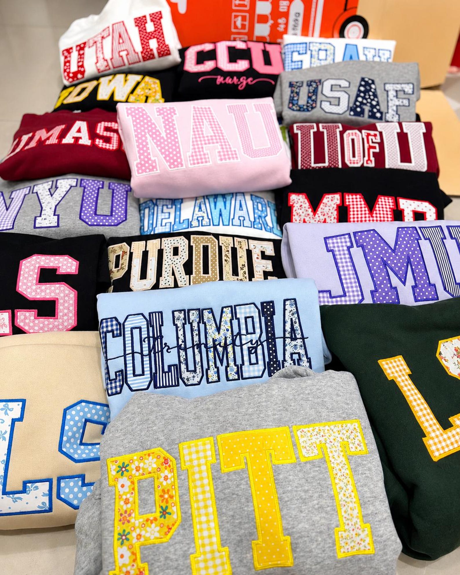 Custom Patchwork Embroidered Sweatshirt, Personalized Varsity Applique Crewneck, Gingham Floral College Style Gift