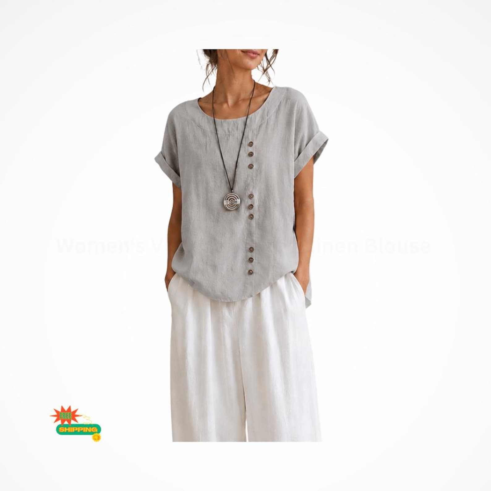 Women's Vintage Cotton Linen Blouse | Casual Button Front Short Sleeve Oversized Summer Top