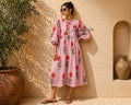 Embroidered Floral Cotton Midi Dress: Pink Striped Boho Summer Dress