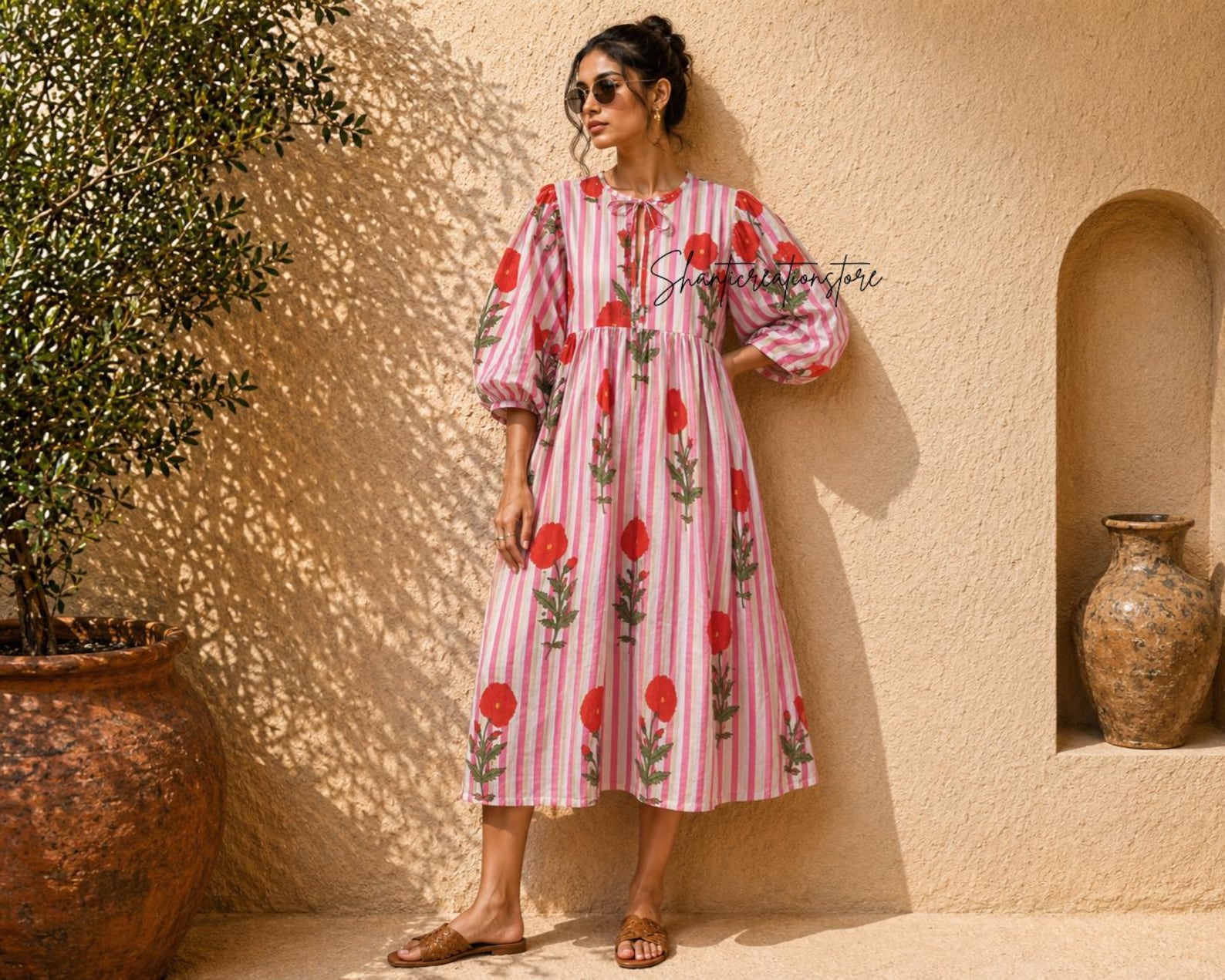 Embroidered Floral Cotton Midi Dress: Pink Striped Boho Summer Dress
