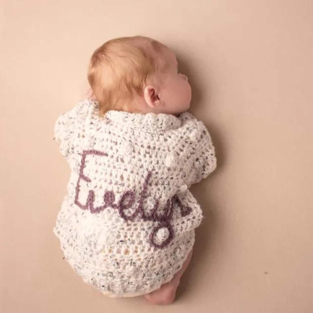 Personalised baby name cardigan handmade, new baby/first birthday gift, baby coming home outfit