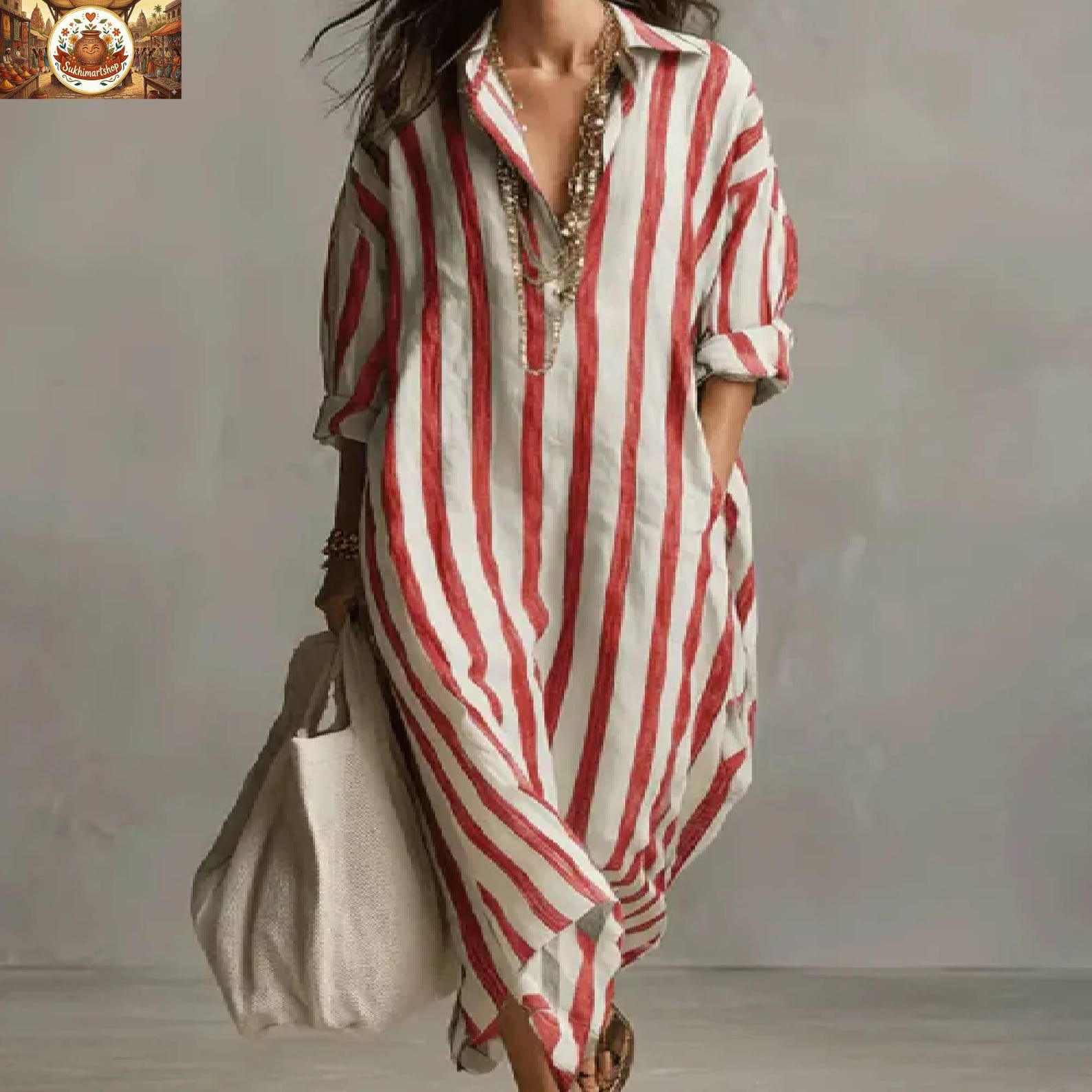 Summer Striped Linen & Cotton Kaftan Dress Oversized Beach Cover Up With Pockets
