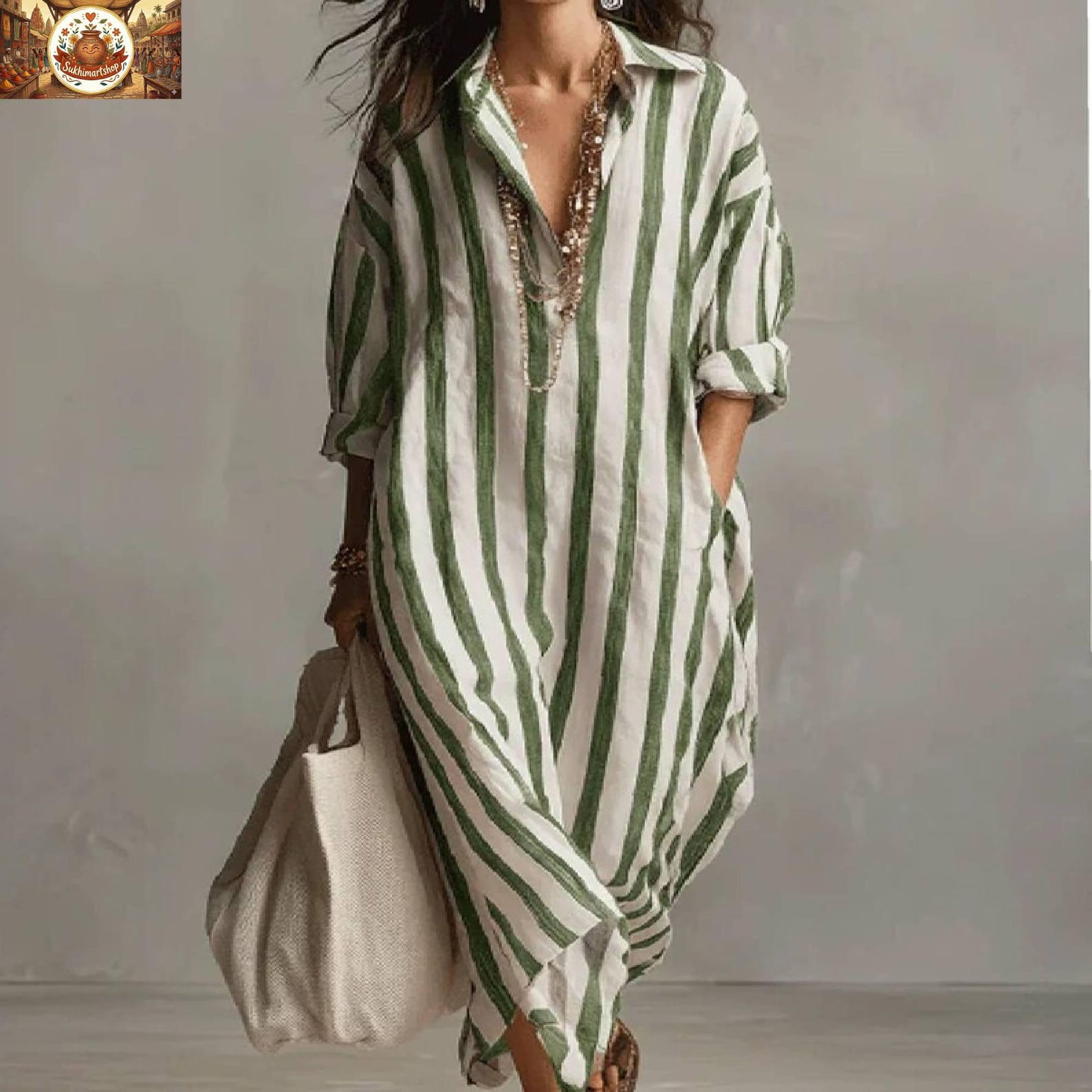 Summer Striped Linen & Cotton Kaftan Dress Oversized Beach Cover Up With Pockets