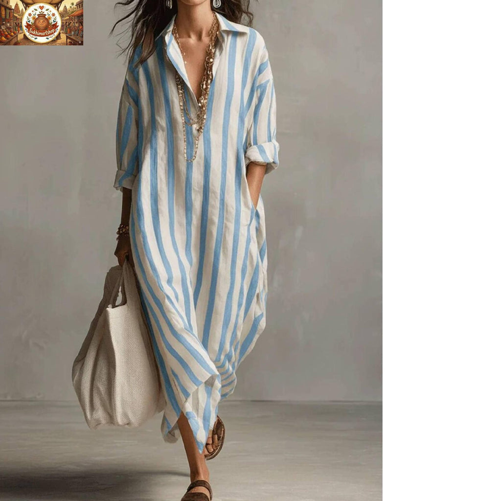 Summer Striped Linen & Cotton Kaftan Dress Oversized Beach Cover Up With Pockets