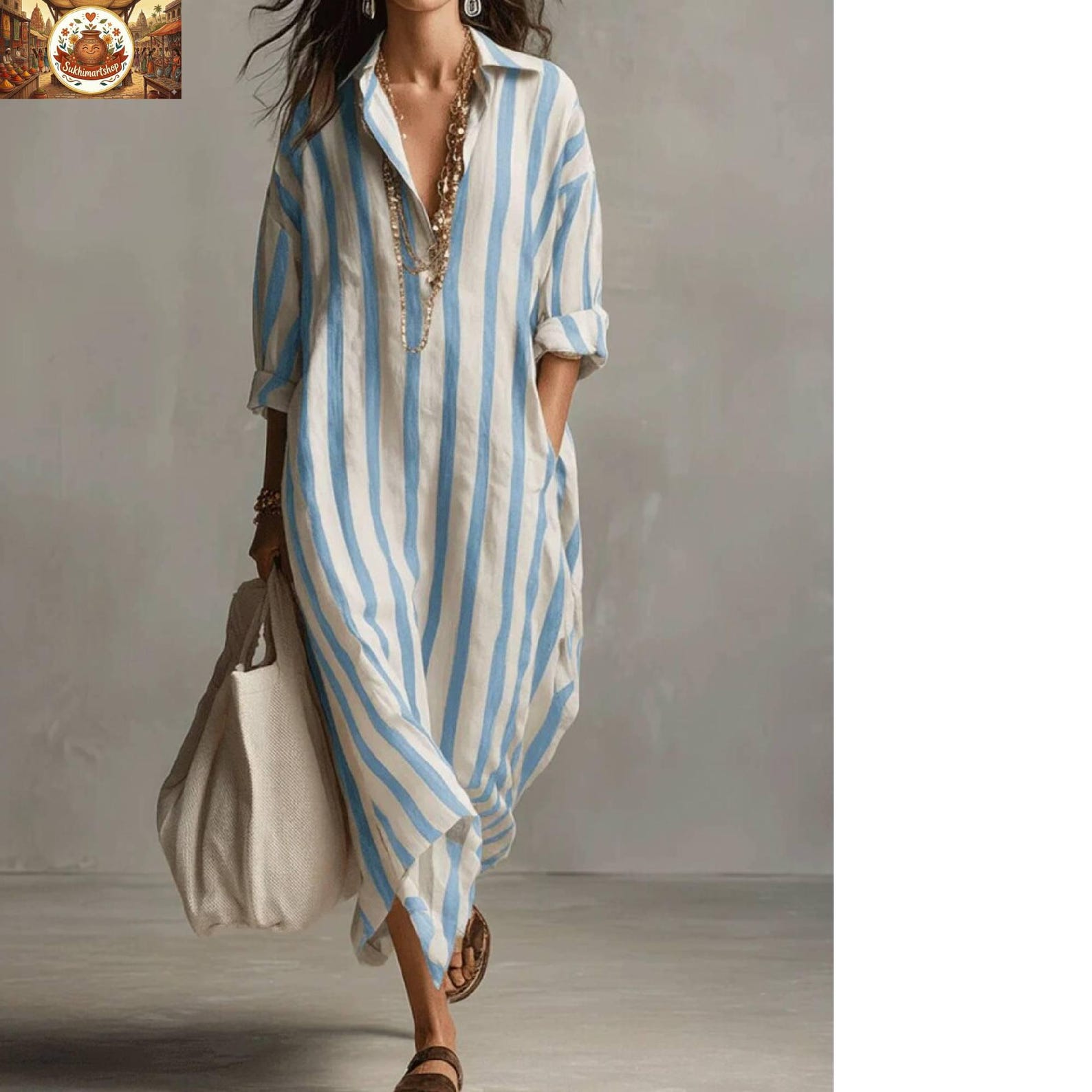 Summer Striped Linen & Cotton Kaftan Dress Oversized Beach Cover Up With Pockets