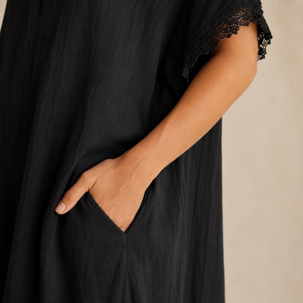 Linen Kaftan Maxi Dress, Lace Trim V Neck Cotton Gauze Dress, Oversized Boho Beach Cover Up, Summer Resort Wear With Pockets