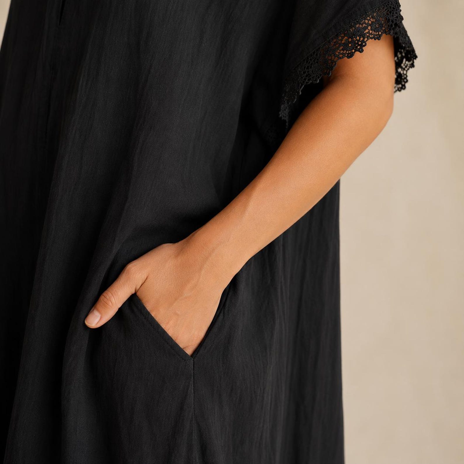 Linen Kaftan Maxi Dress, Lace Trim V Neck Cotton Gauze Dress, Oversized Boho Beach Cover Up, Summer Resort Wear With Pockets