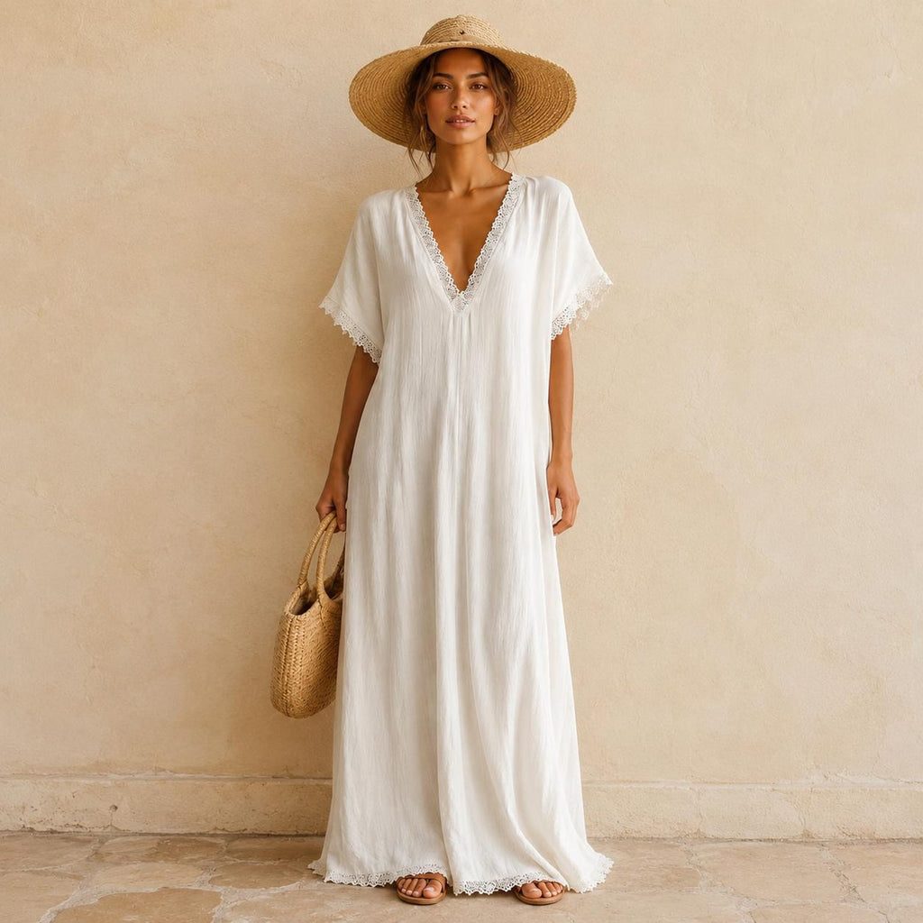 Linen Kaftan Maxi Dress, Lace Trim V Neck Cotton Gauze Dress, Oversized Boho Beach Cover Up, Summer Resort Wear With Pockets